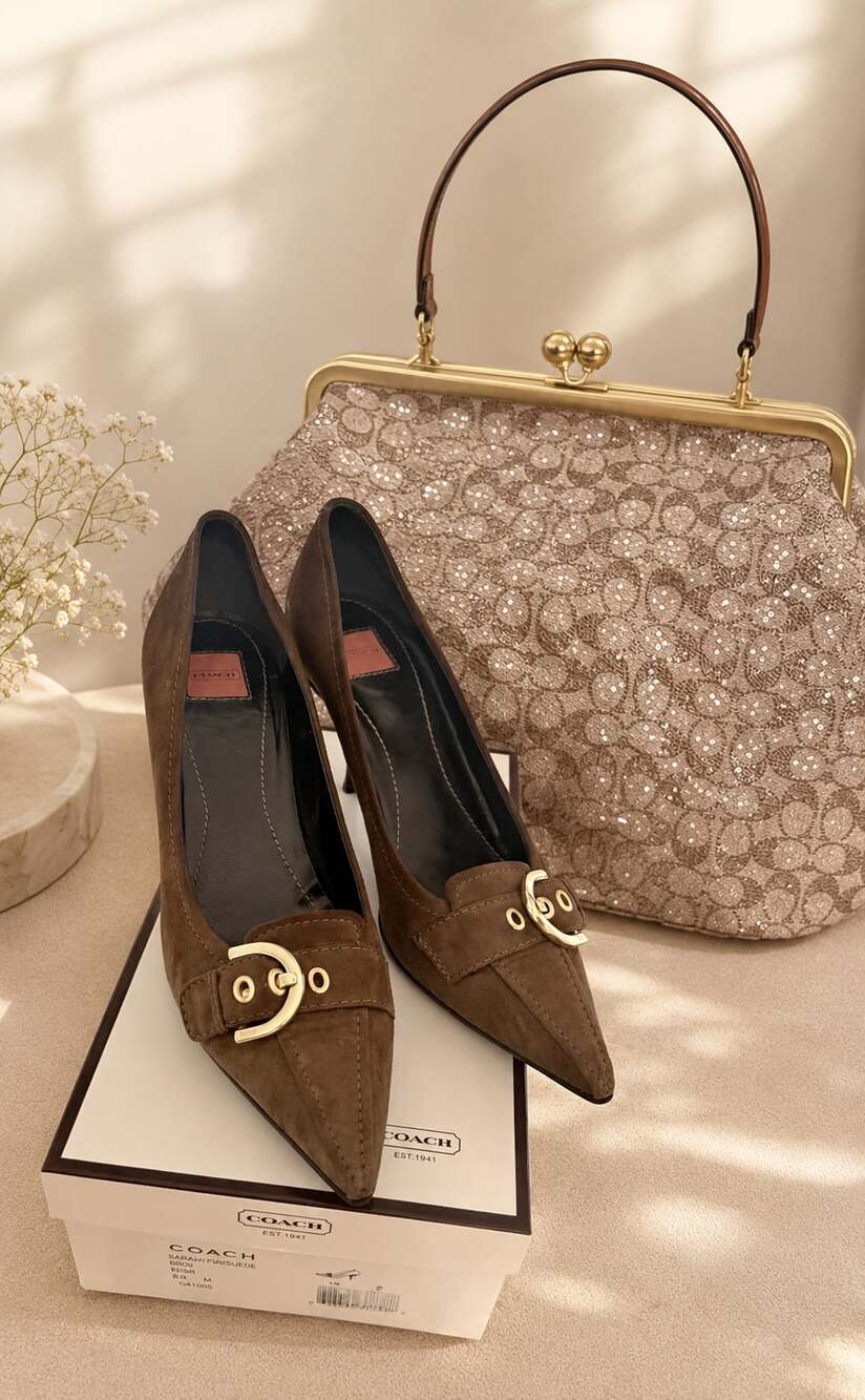 Coach Sarrah Kidsuede Pointed-Toe Kitten Heel Pumps in Flint